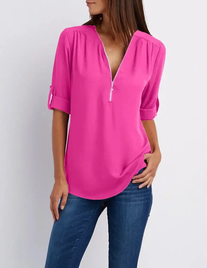 Ivyshape | Casual V-Neck Front Zip-Up Blouse for Women