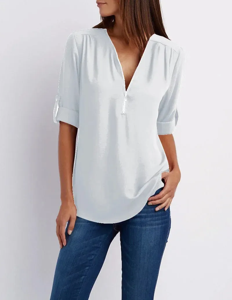 Ivyshape | Casual V-Neck Front Zip-Up Blouse for Women