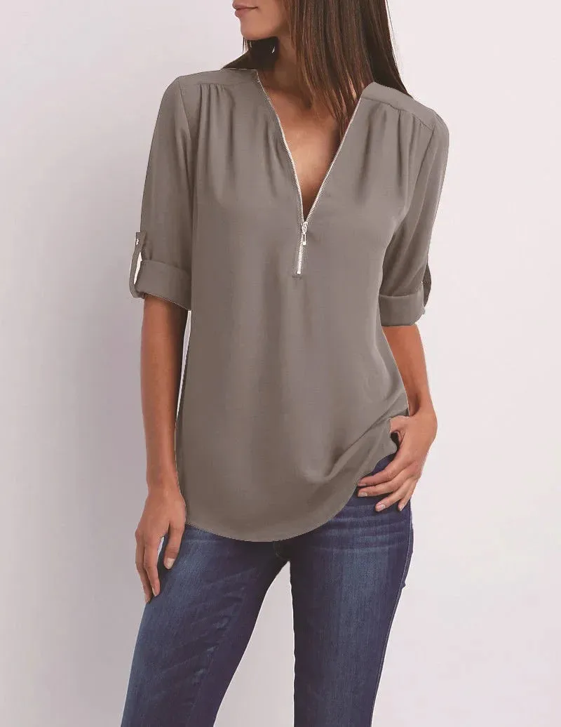 Ivyshape | Casual V-Neck Front Zip-Up Blouse for Women