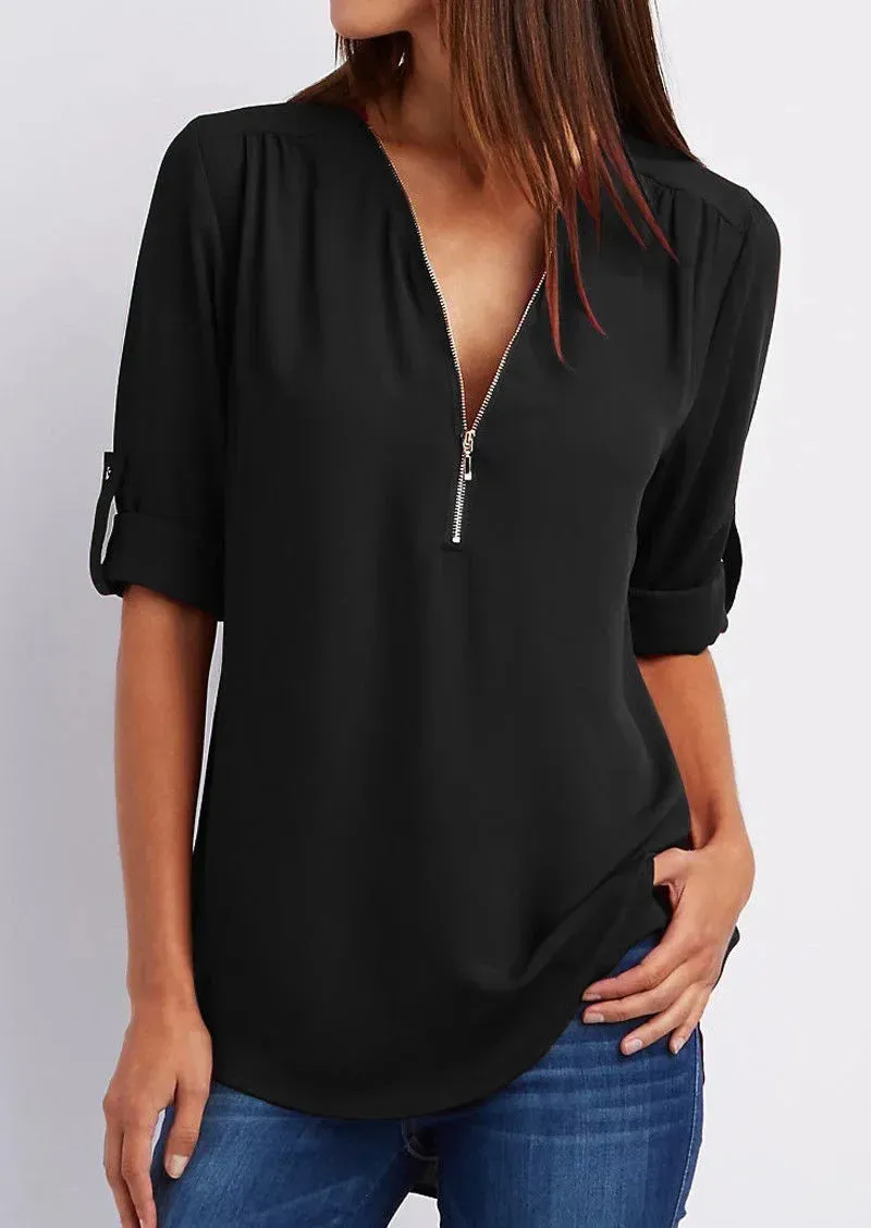 Ivyshape | Casual V-Neck Front Zip-Up Blouse for Women