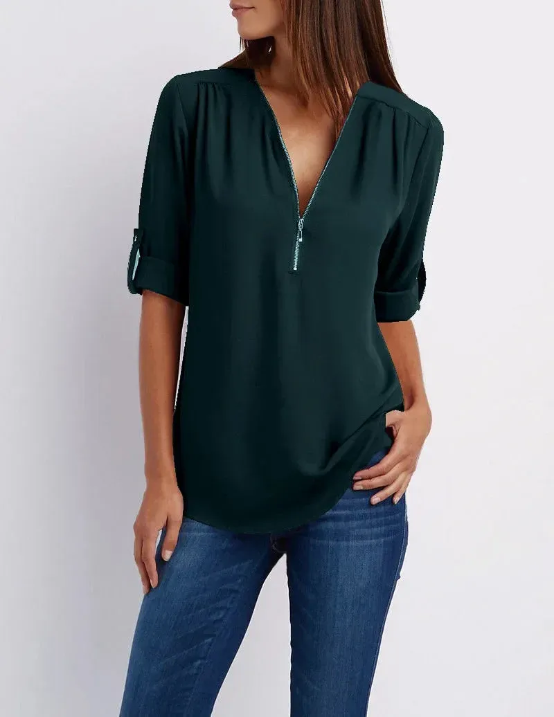 Ivyshape | Casual V-Neck Front Zip-Up Blouse for Women