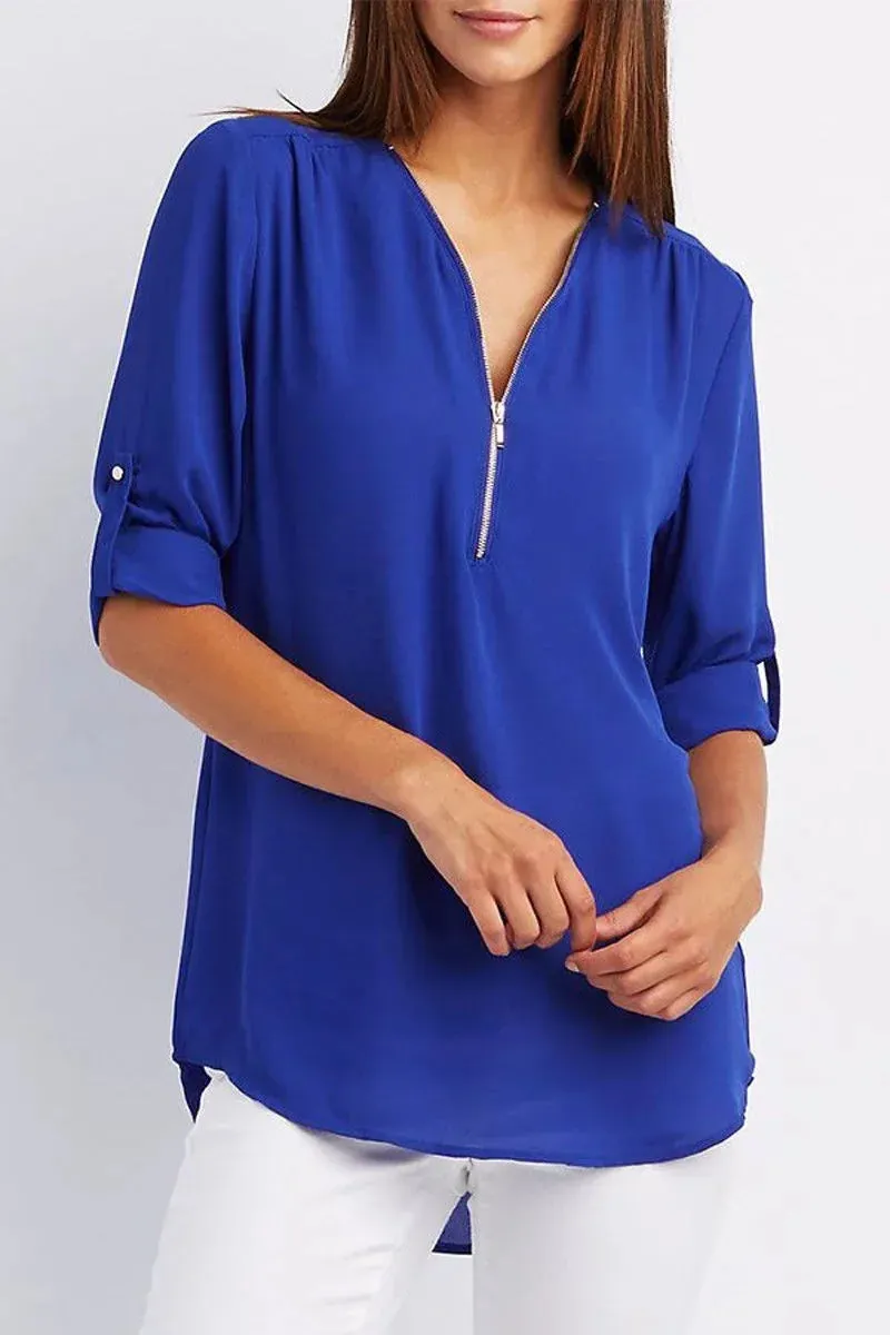 Ivyshape | Casual V-Neck Front Zip-Up Blouse for Women