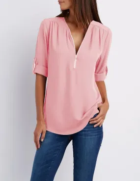 Ivyshape | Casual V-Neck Front Zip-Up Blouse for Women