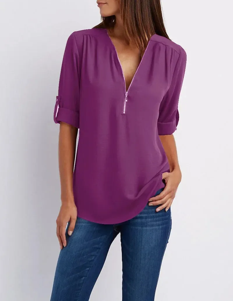 Ivyshape | Casual V-Neck Front Zip-Up Blouse for Women