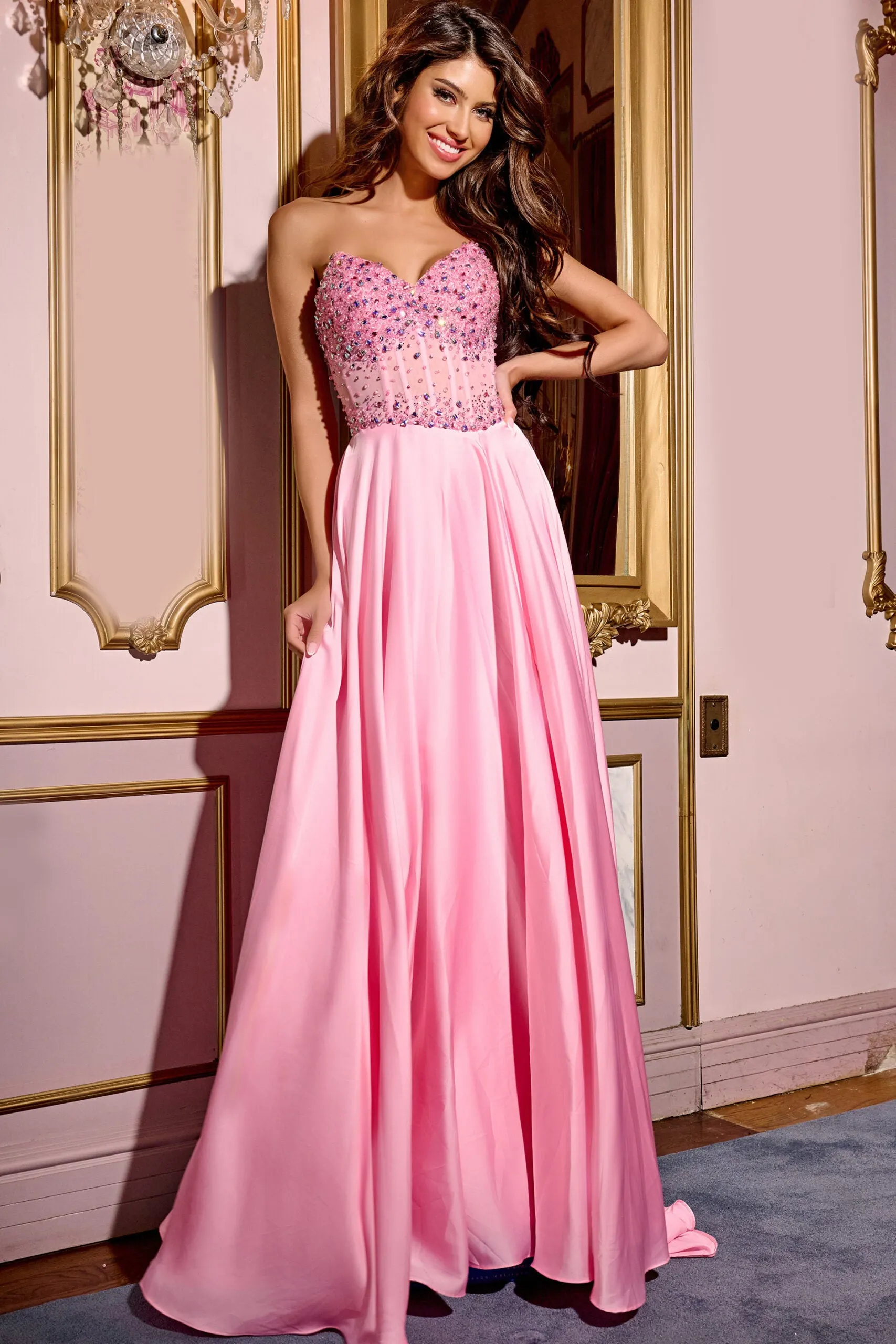 Jovani D6021 Sheer Pink Crystal Corset A Line Prom Dress V Neck Slit Formal Gown Chiffon