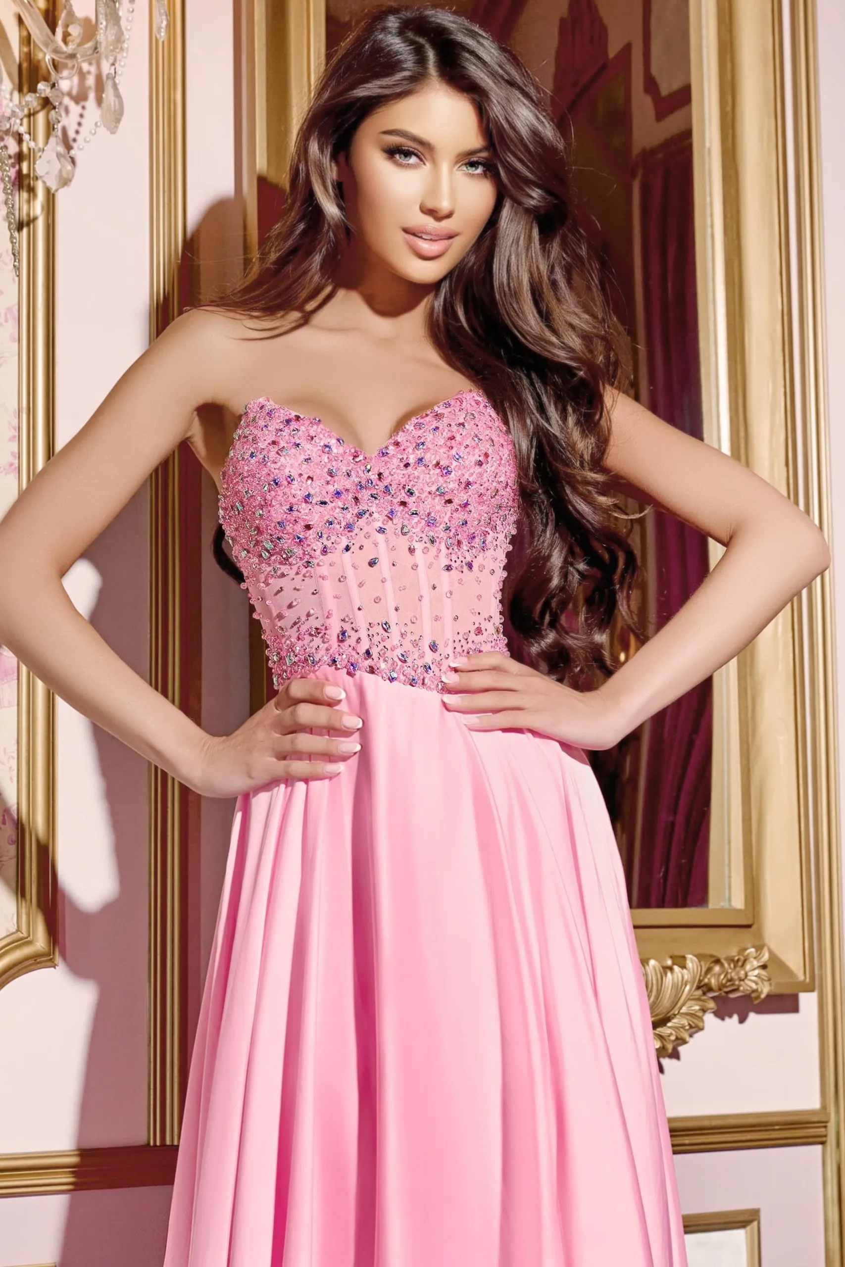 Jovani D6021 Sheer Pink Crystal Corset A Line Prom Dress V Neck Slit Formal Gown Chiffon