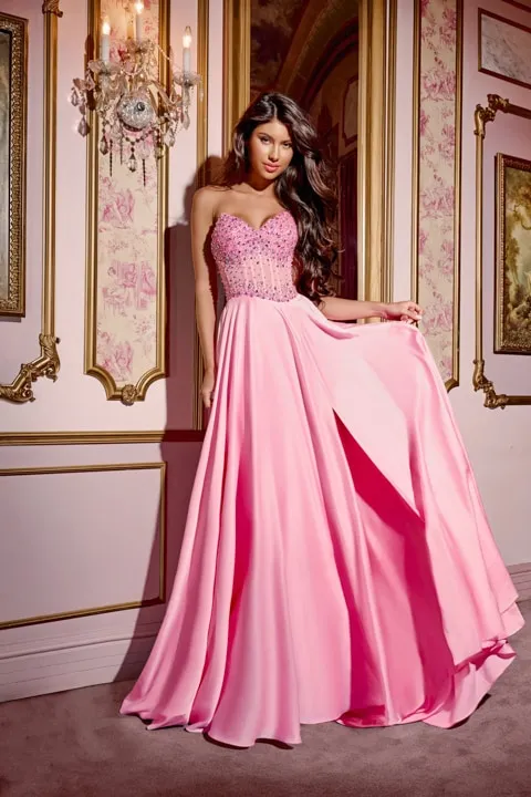 Jovani D6021 Sheer Pink Crystal Corset A Line Prom Dress V Neck Slit Formal Gown Chiffon