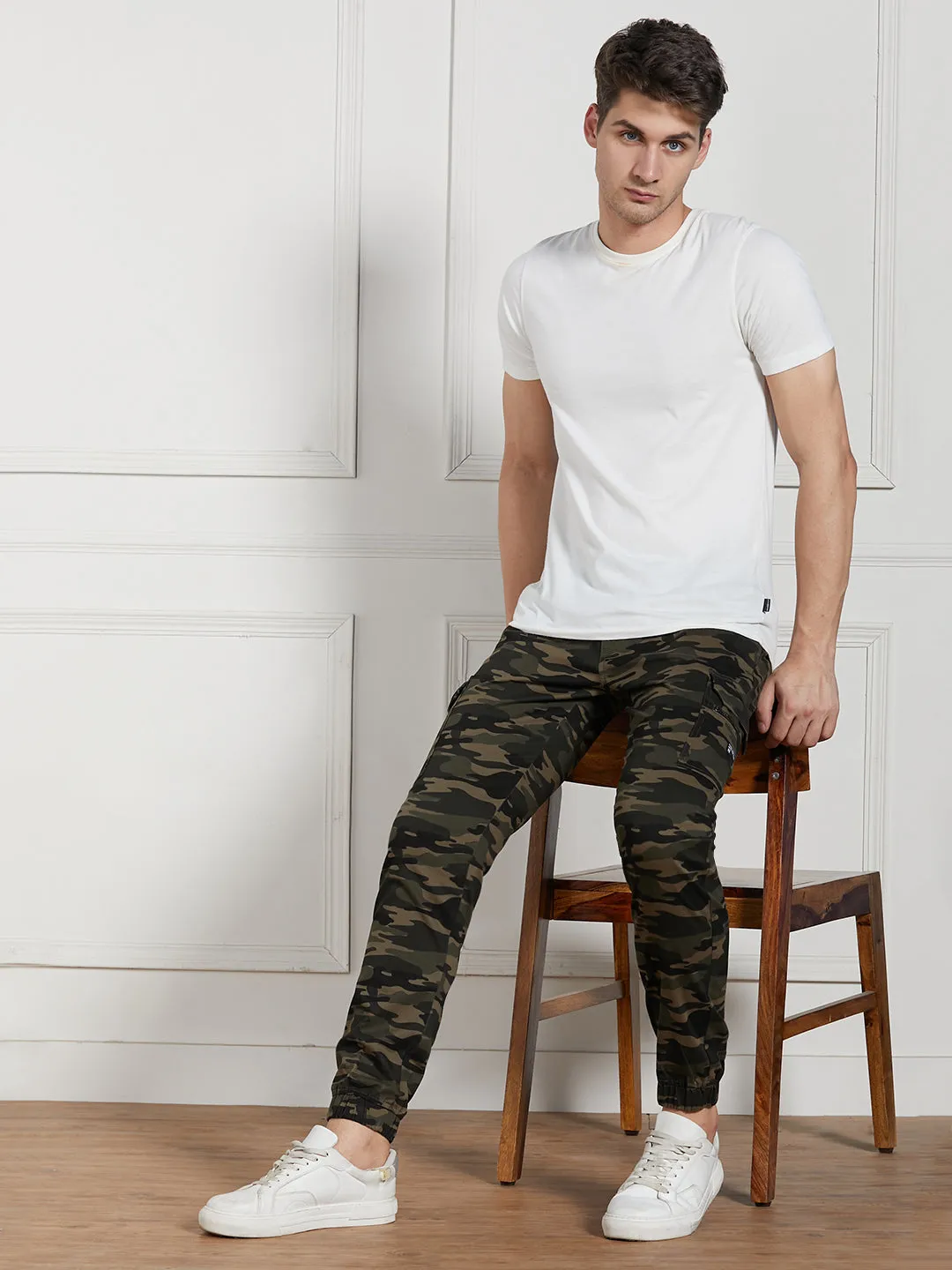 Men's Olive Cotton Lycra Camouflage Stretchable Regular Fit Cargo Joggers