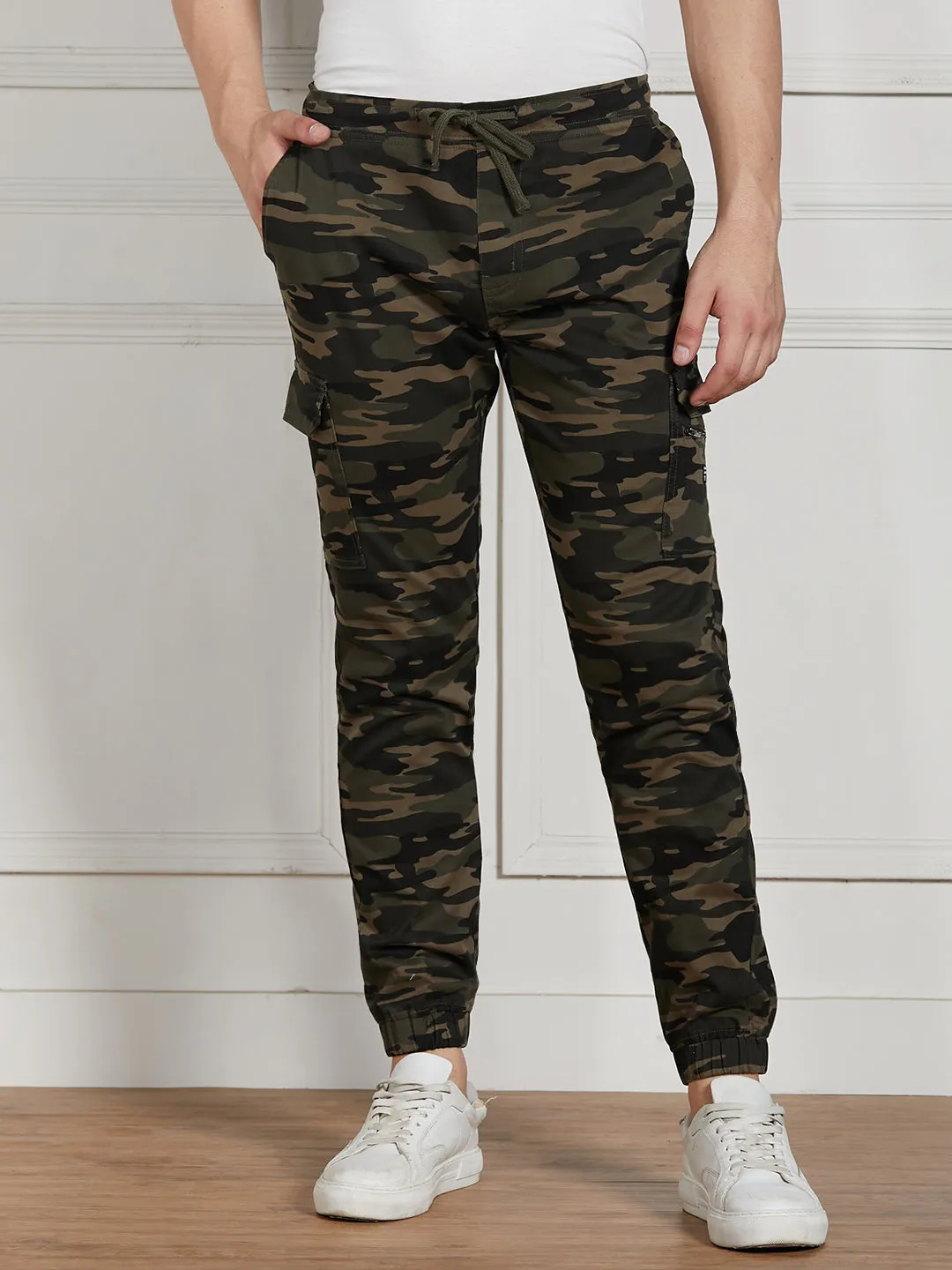 Men's Olive Cotton Lycra Camouflage Stretchable Regular Fit Cargo Joggers
