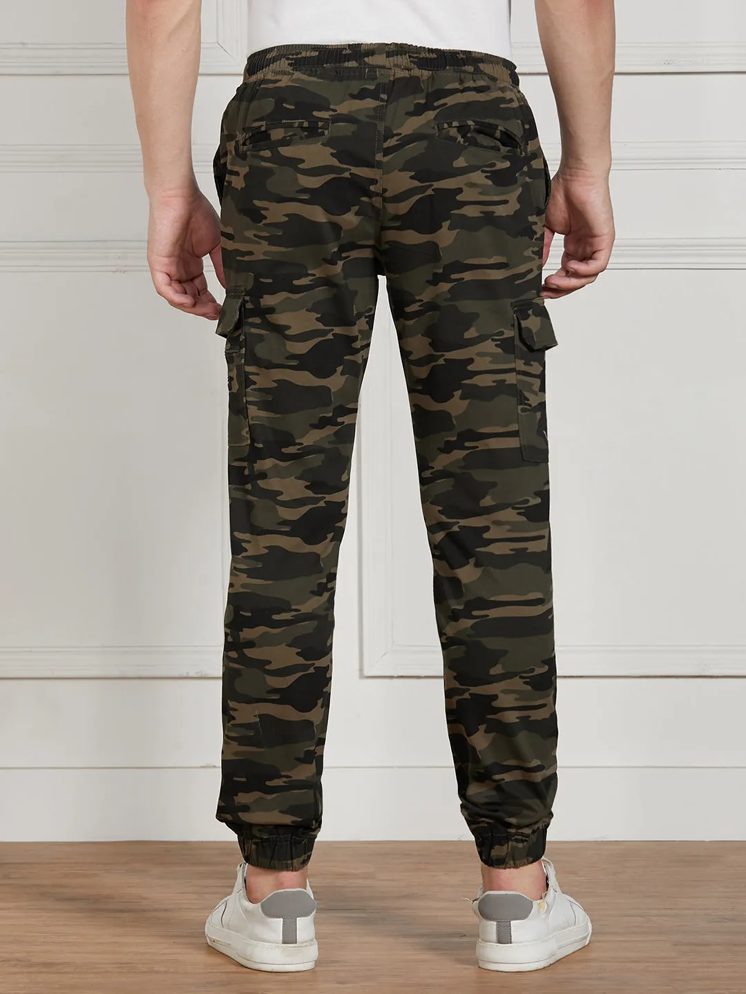 Men's Olive Cotton Lycra Camouflage Stretchable Regular Fit Cargo Joggers