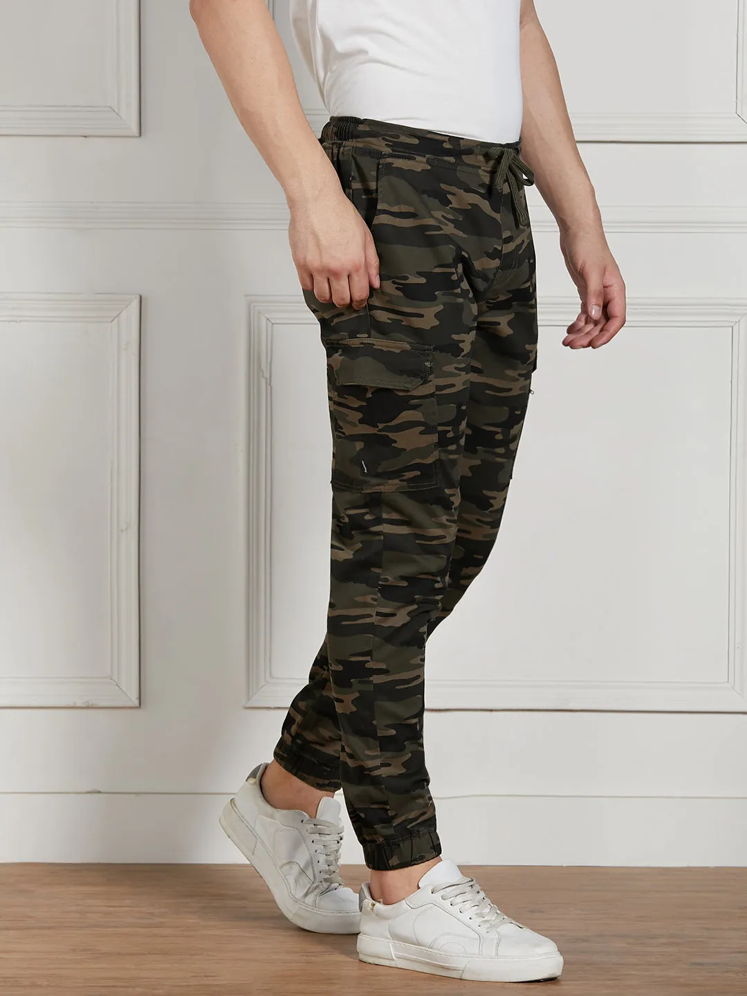 Men's Olive Cotton Lycra Camouflage Stretchable Regular Fit Cargo Joggers