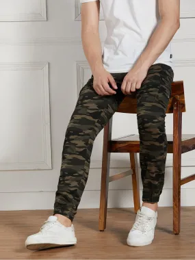 Men's Olive Cotton Lycra Camouflage Stretchable Regular Fit Cargo Joggers