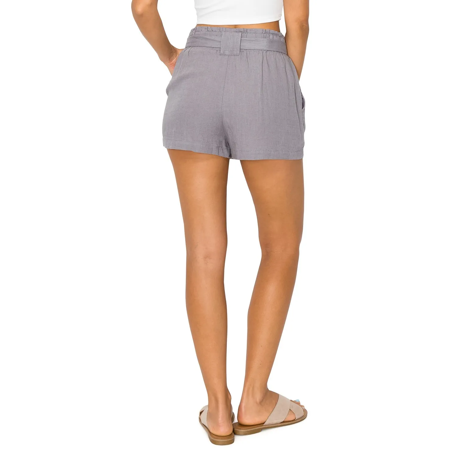 Paper Bag Waist with Self Tie Belt Linen Shorts - Dusty Lavender