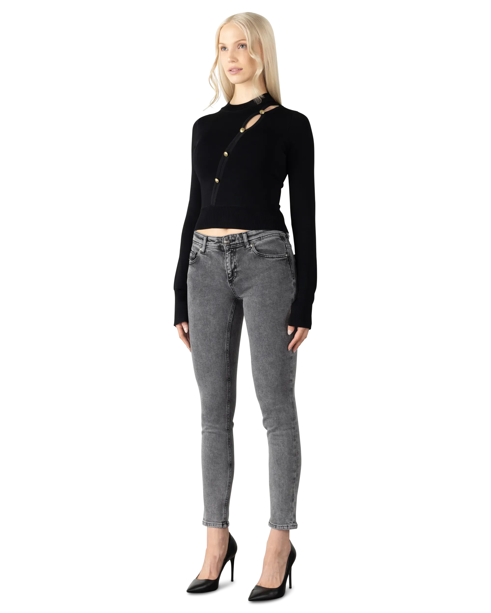 Peek-A-Boo Button Detail Cropped Sweater