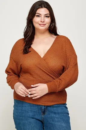 Plus Burnt Orange Waffle Knit Wrap Front Sweater