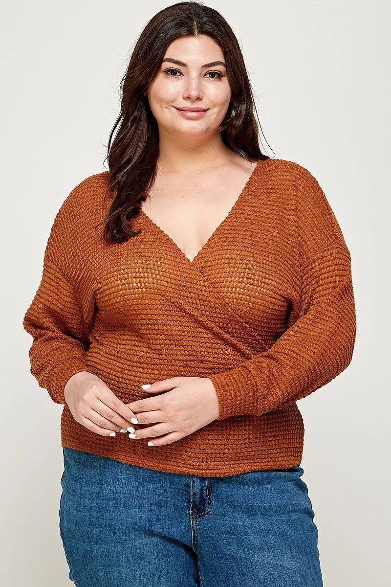 Plus Burnt Orange Waffle Knit Wrap Front Sweater