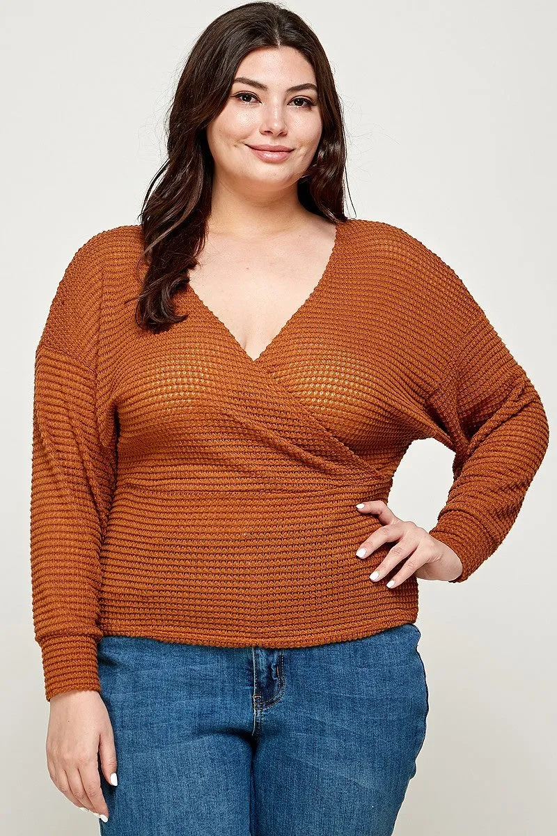 Plus Burnt Orange Waffle Knit Wrap Front Sweater