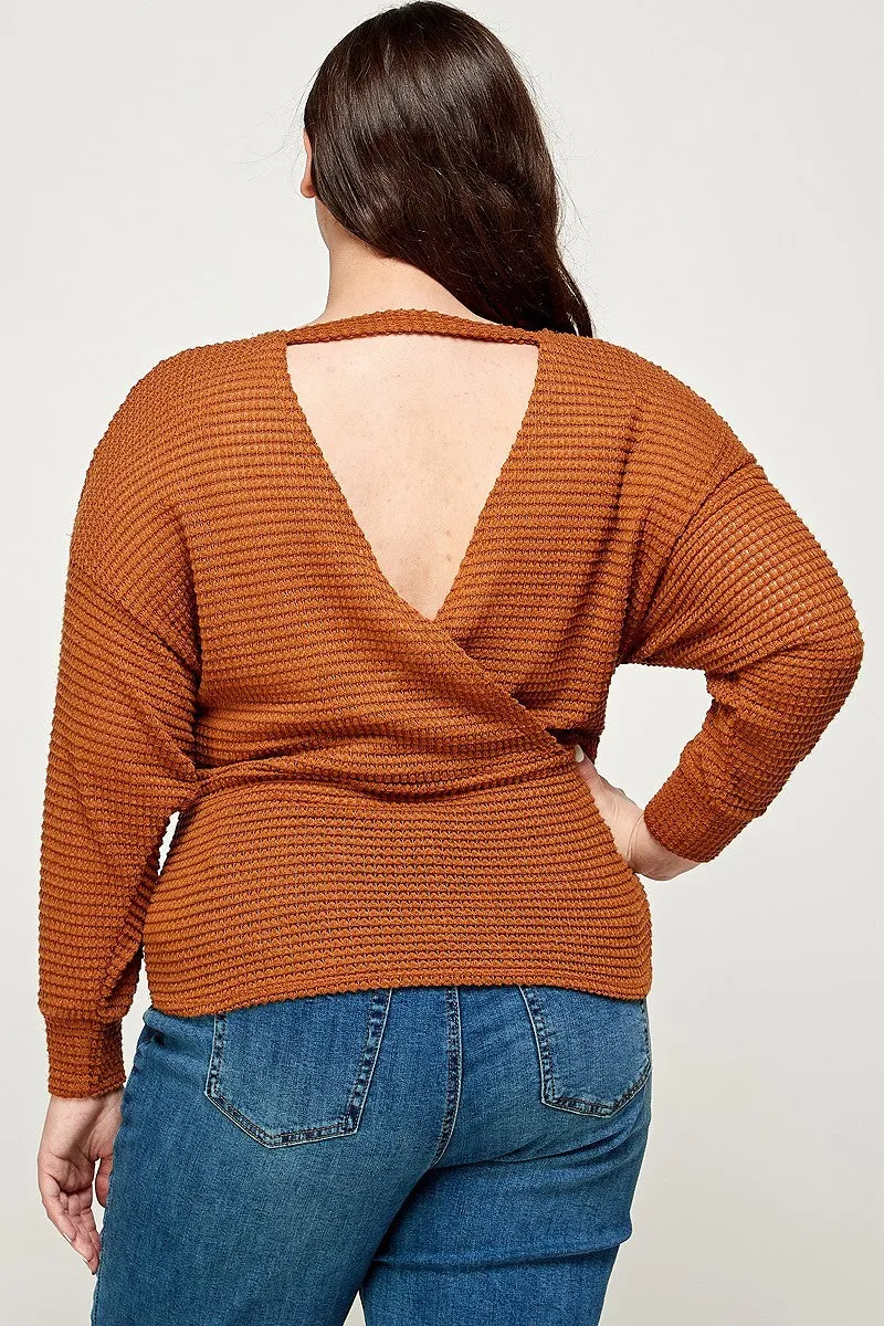 Plus Burnt Orange Waffle Knit Wrap Front Sweater