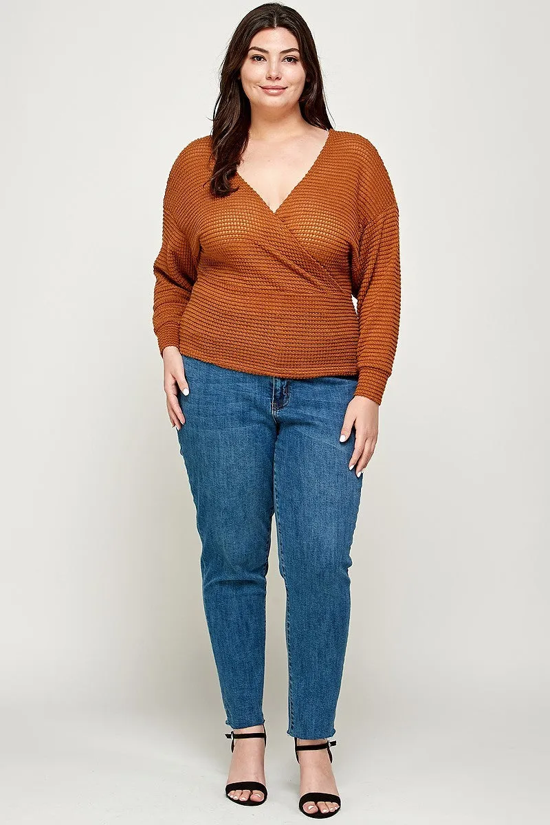 Plus Burnt Orange Waffle Knit Wrap Front Sweater