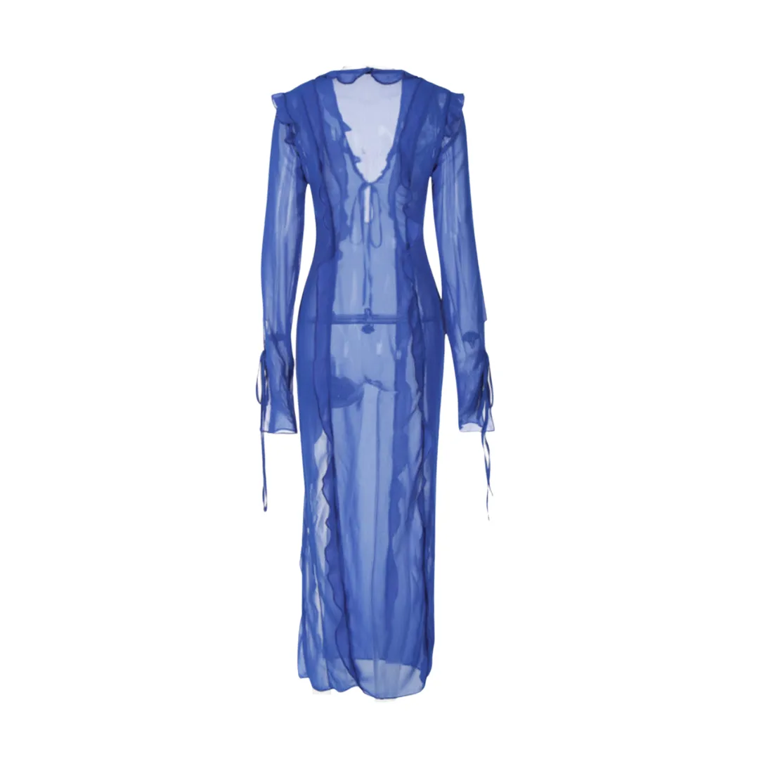 Sheer Ruffle V-Neck Maxi Dress