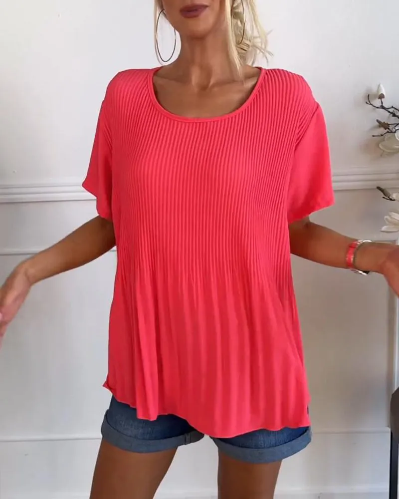Solid color round neck pleated blouse