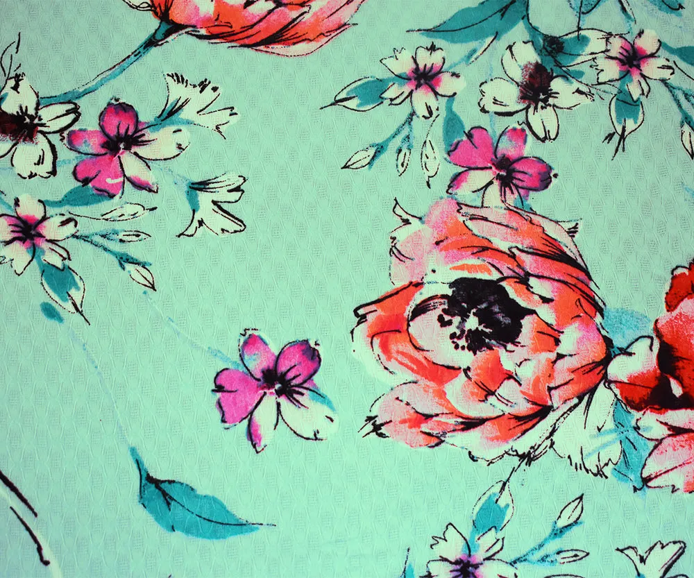 Teal-Pink-Multi Floral Printed Ogee Texture Dobby Chiffon Woven Fabric