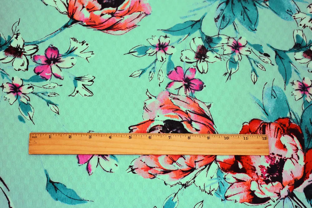 Teal-Pink-Multi Floral Printed Ogee Texture Dobby Chiffon Woven Fabric