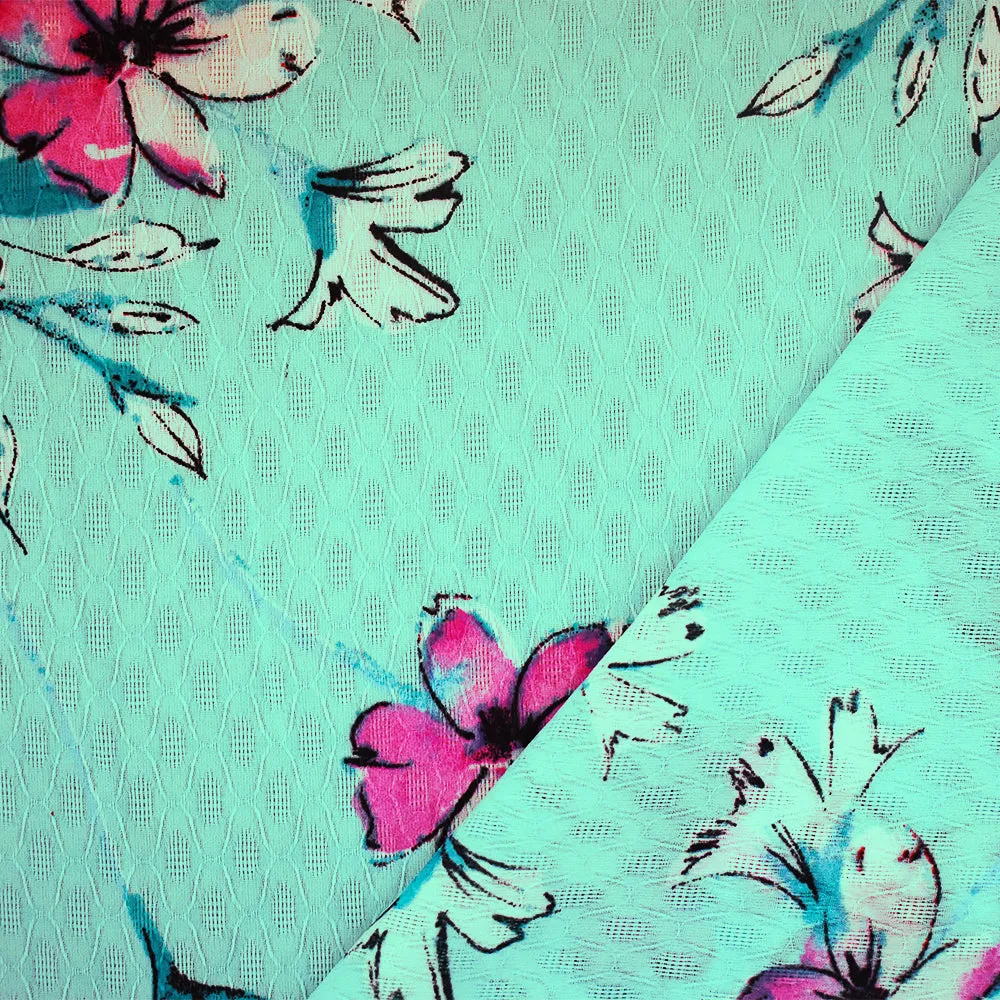 Teal-Pink-Multi Floral Printed Ogee Texture Dobby Chiffon Woven Fabric