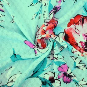Teal-Pink-Multi Floral Printed Ogee Texture Dobby Chiffon Woven Fabric