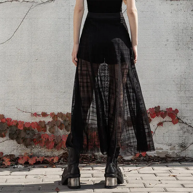 Women's Daily A Shape Mid-length Grid Mesh Forks Pantskirt Elastic Waist Sexy Casual Long Skirt