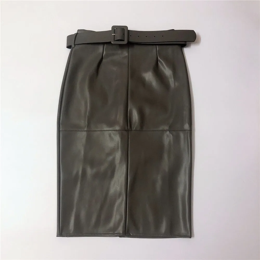 Wrap Midi Skirts with Belted High Waist Sheath Pencil Back Split Skirts