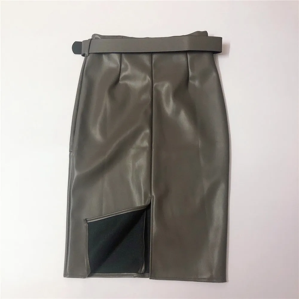 Wrap Midi Skirts with Belted High Waist Sheath Pencil Back Split Skirts