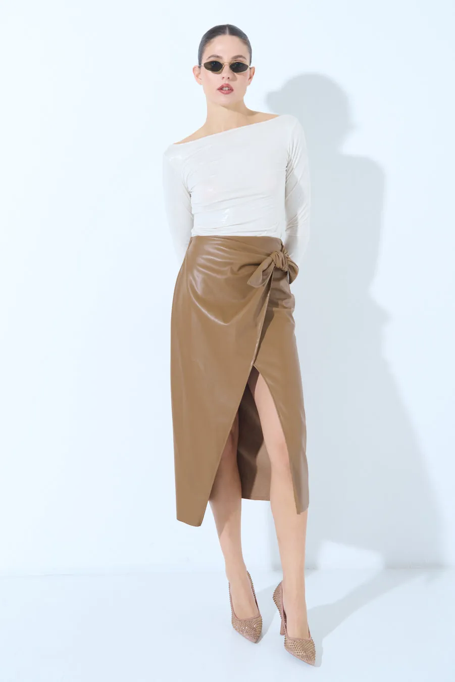 Wrap-style midi skirt with side slit wholesale