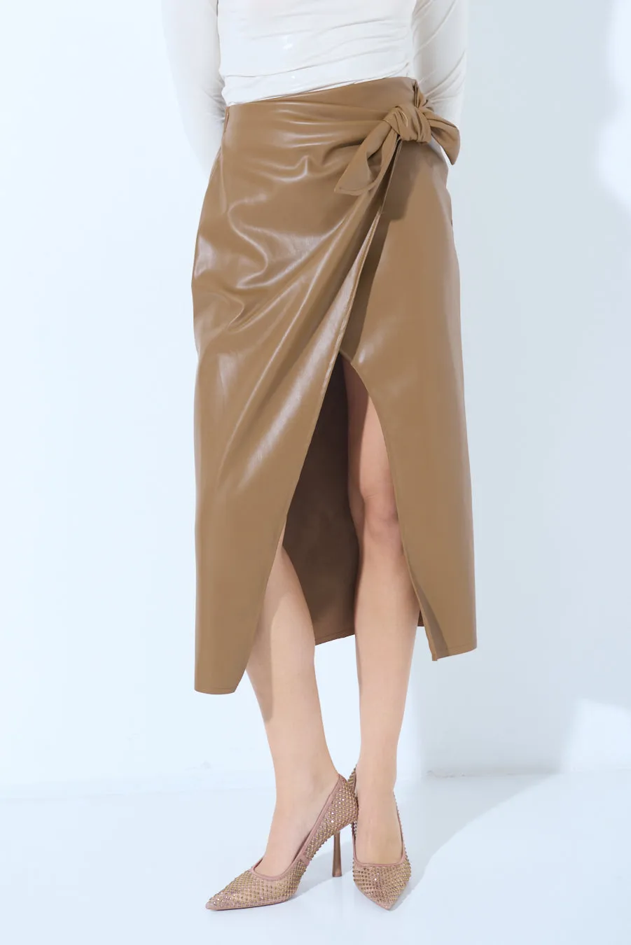 Wrap-style midi skirt with side slit wholesale