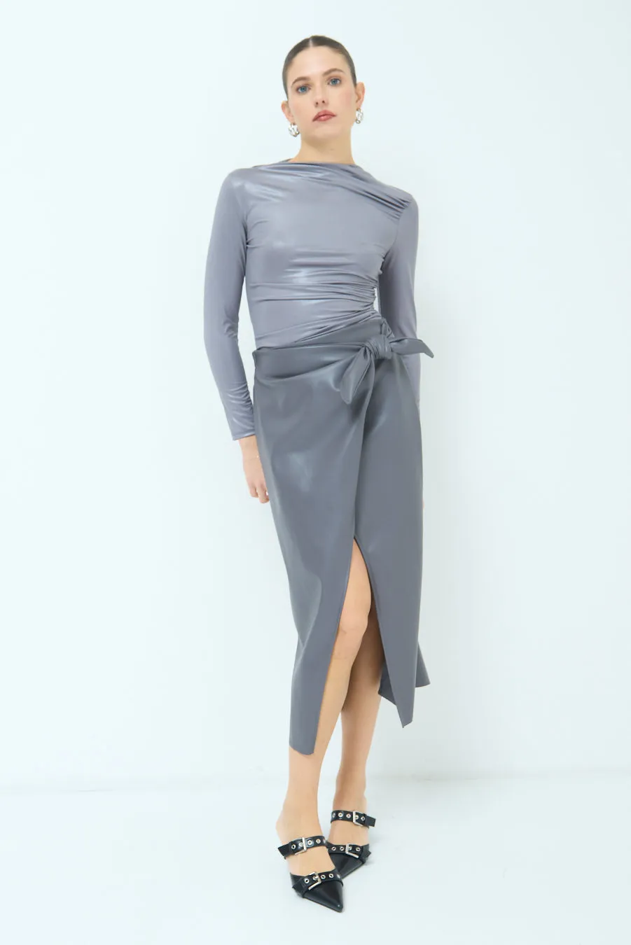 Wrap-style midi skirt with side slit wholesale