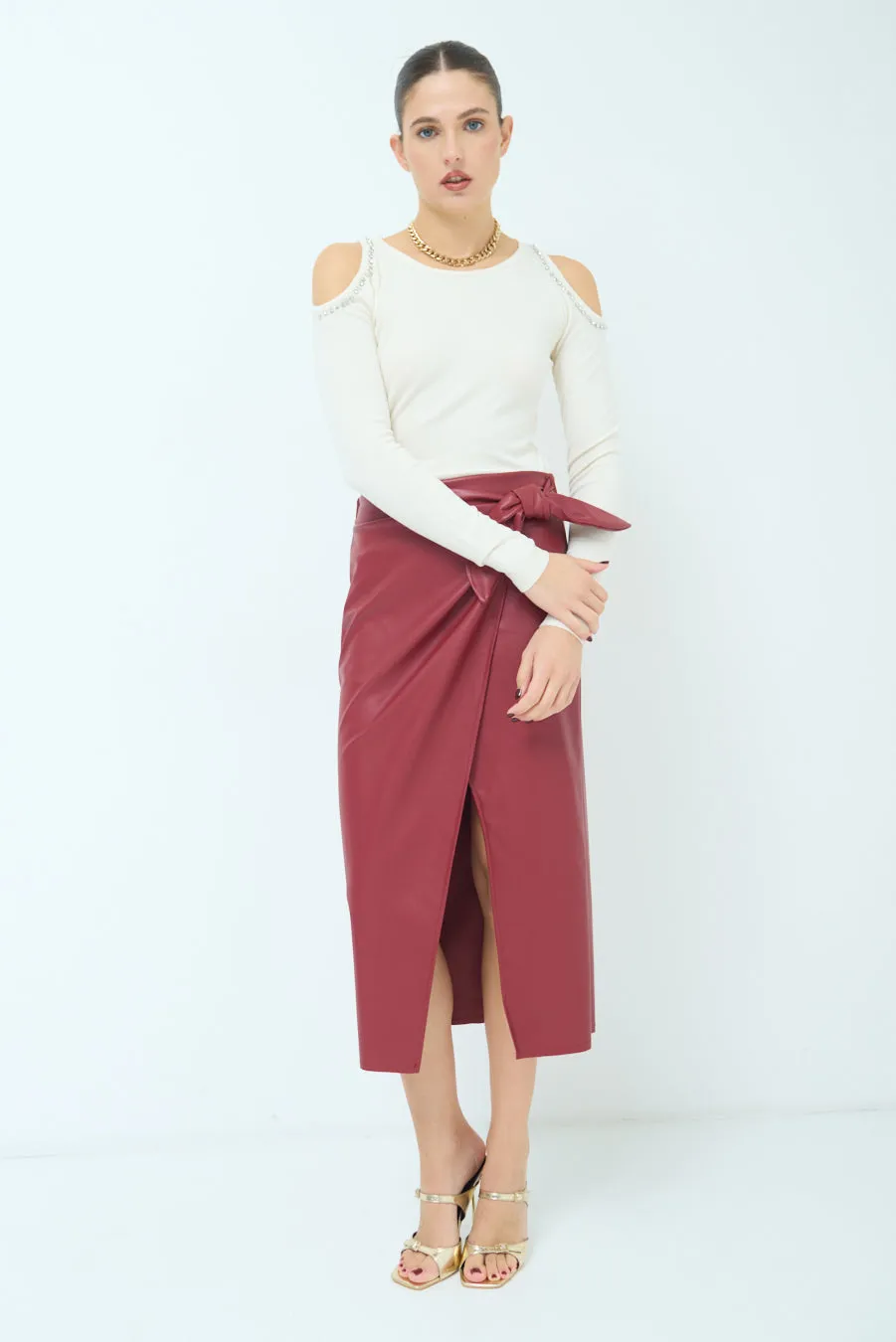Wrap-style midi skirt with side slit wholesale