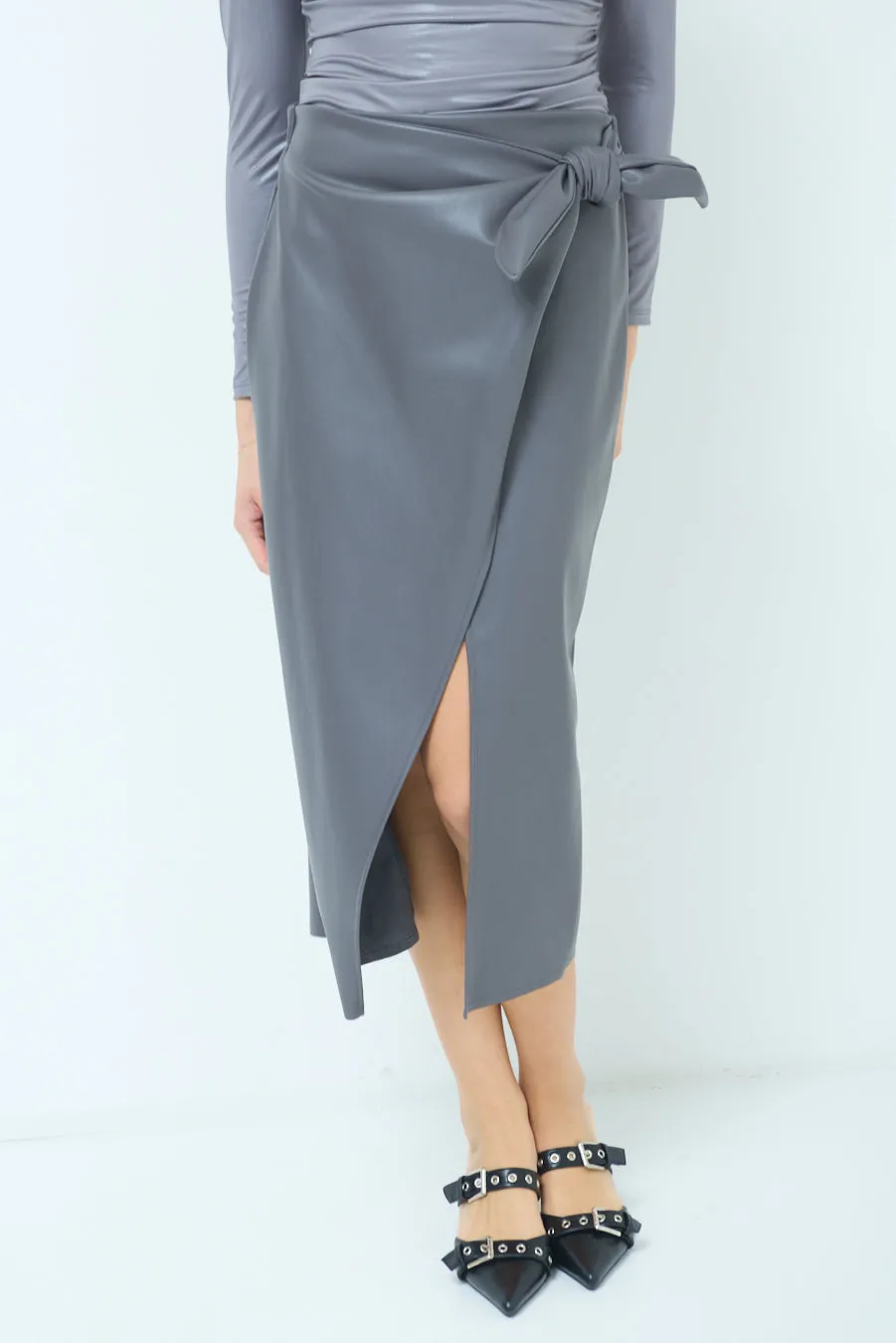 Wrap-style midi skirt with side slit wholesale