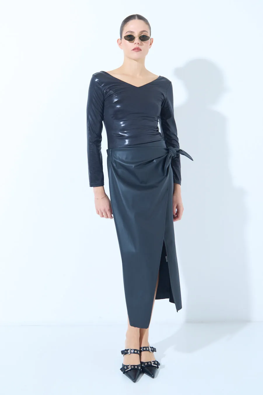 Wrap-style midi skirt with side slit wholesale