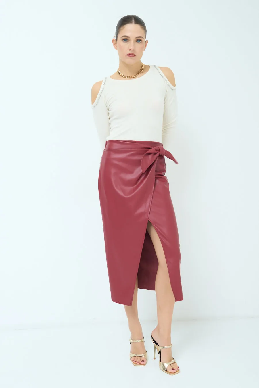 Wrap-style midi skirt with side slit wholesale