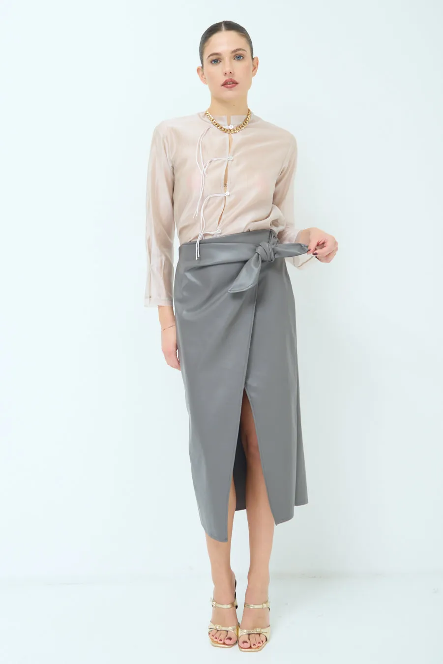 Wrap-style midi skirt with side slit wholesale