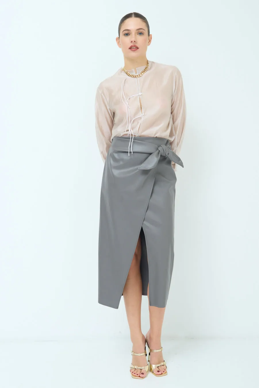 Wrap-style midi skirt with side slit wholesale