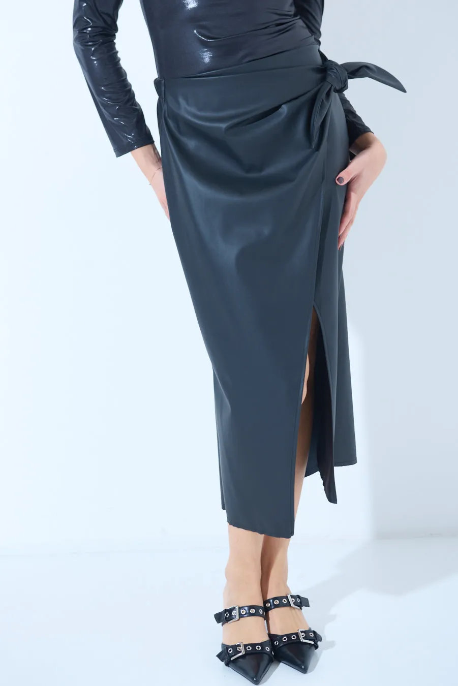 Wrap-style midi skirt with side slit wholesale