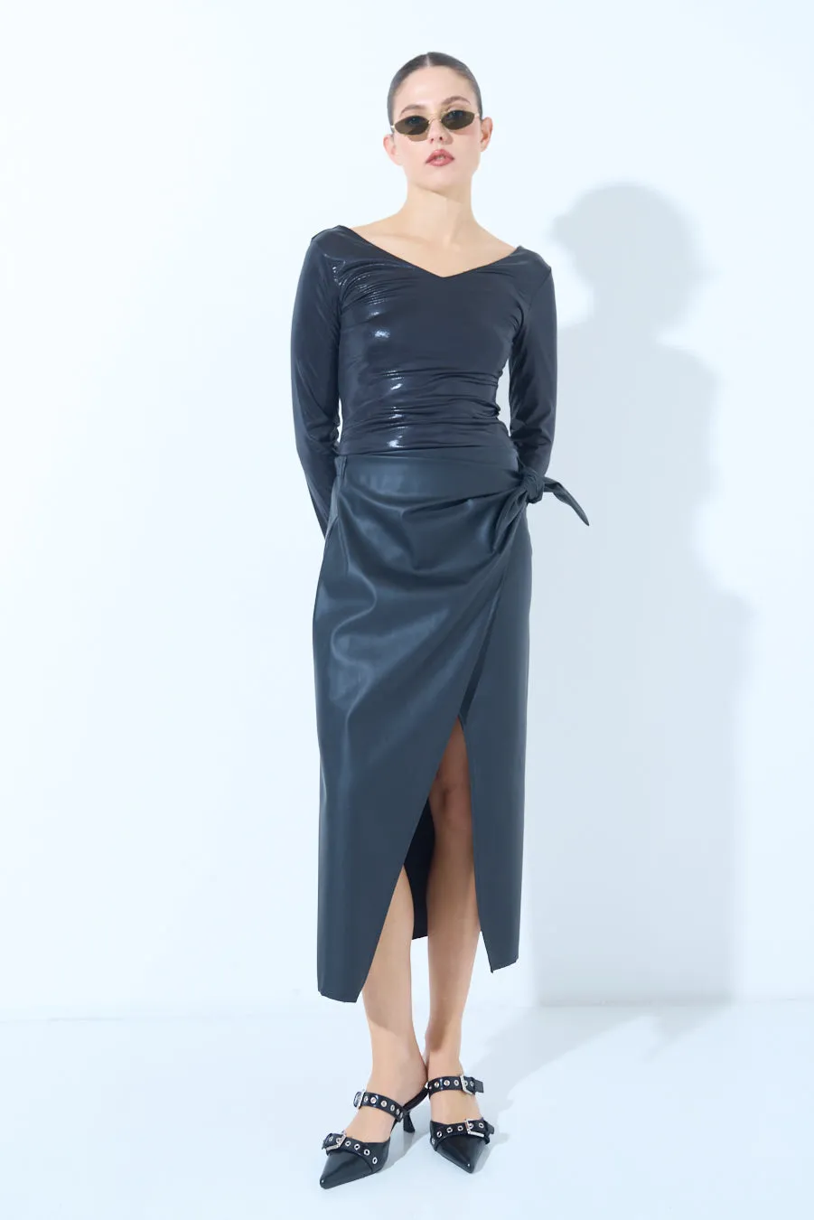 Wrap-style midi skirt with side slit wholesale