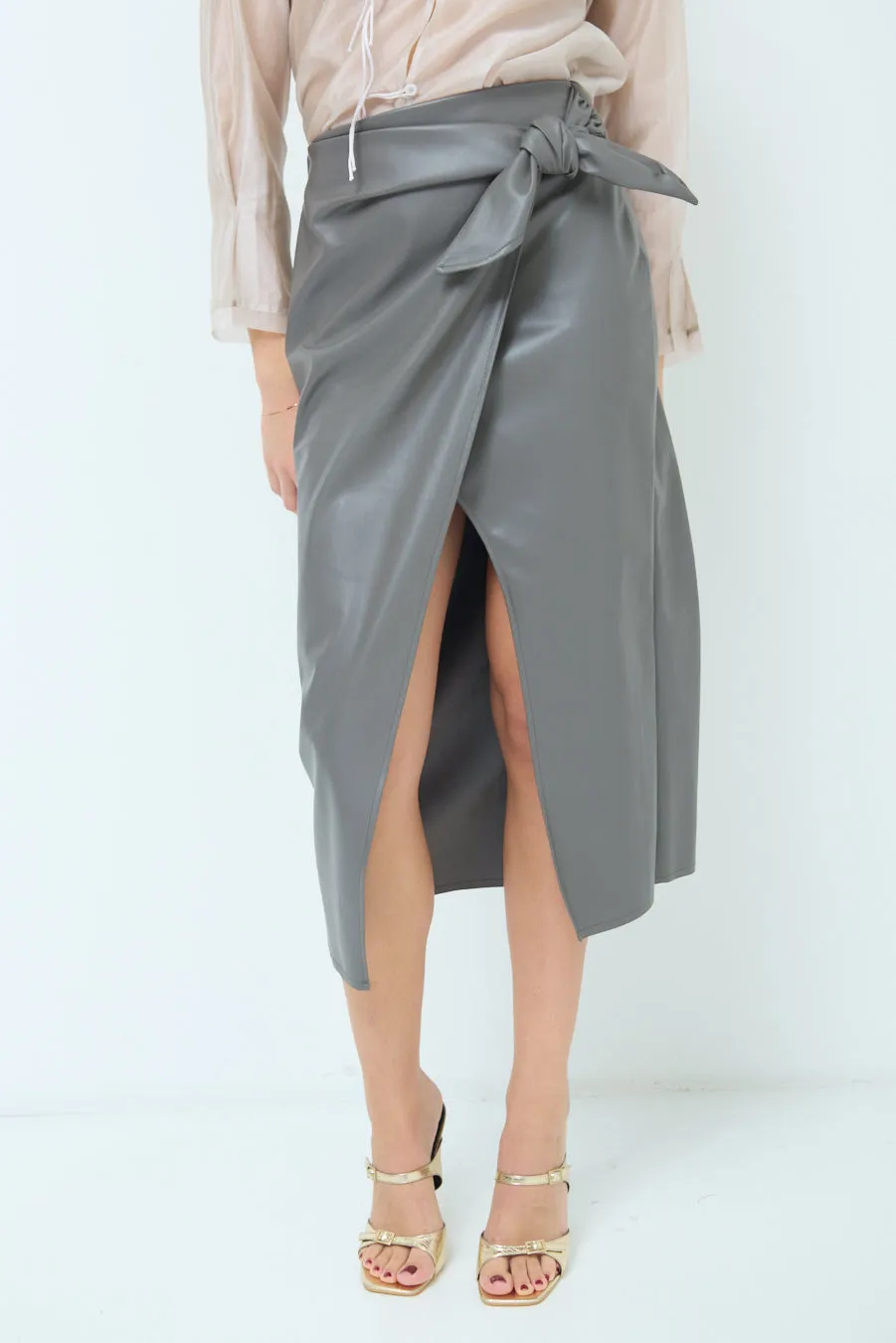 Wrap-style midi skirt with side slit wholesale