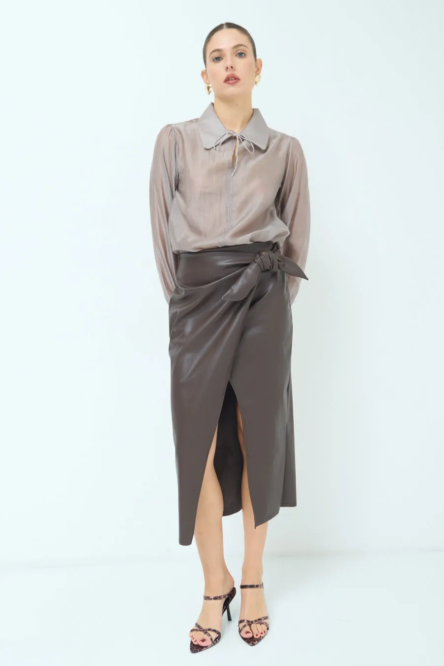 Wrap-style midi skirt with side slit wholesale