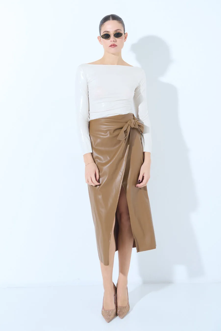Wrap-style midi skirt with side slit wholesale
