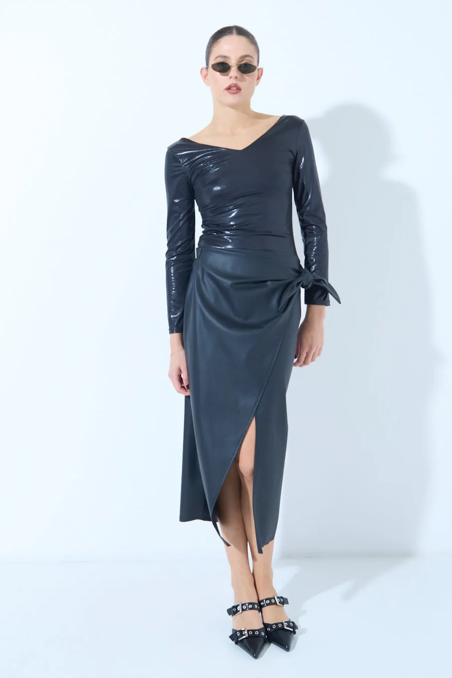 Wrap-style midi skirt with side slit wholesale